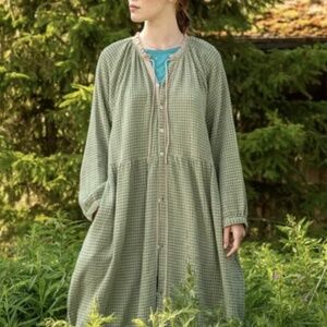 Gudrun Sjoden green & white checkered 100% cotton maxi dress L fits XL